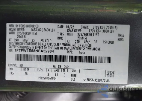 2022 Ford F-150 Xlt z USA, uszkodzony, nr VIN 1FTFW1E58NFA52984